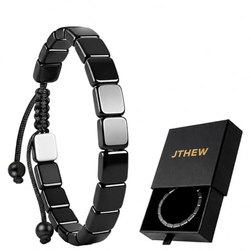 JTHEW Adjustable Hematite Bracelet for Men - Natural Stone Bracelet for Masculine Energy, Inspired by Roman & Viking Warriors, Stretchable Fit for Wrist 6.3-9.5 inches (16-24cm)