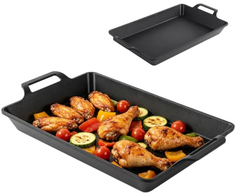 CEWROM Gjutjärnspanna induktion grillpanna, rektangulär gjutjärnsgrill, för gasgrill, ugn, gas eller camping utomhus, matlagning, 30 x 17 cm