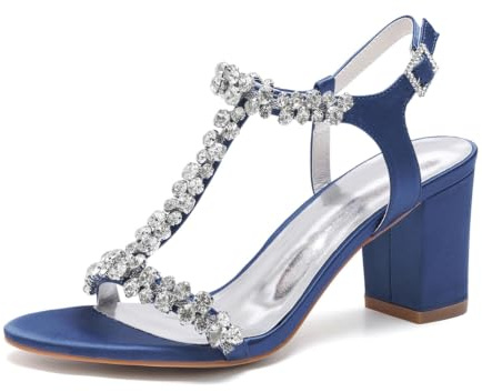 Mariée Satin Bloc Talons Strass T-Strap Sandales 7.5Cm | Blanc Strass Talon Carré, Mariage Soirée Fête Formelle