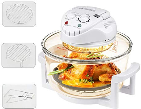 Freidora de aire Vidrio de borosilicato alto, multifunción sin aceite Freidora de aire de 17 litros de gran capacidad con parrilla de barbacoa, horno de halógeno por convección por infrarrojos, encime