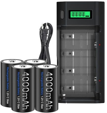 4 Packs Rechargeable C Size Batteries with Charger, Universal LCD Screen Fast Charger for 1.2V AA AAA 9V D C Rechargeable Ni-MH Battery Cell with 4 Pack NiMH C Size Batteries