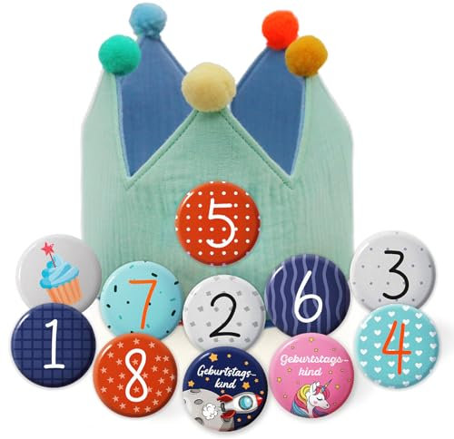 Sugeru Geburtstagskrone Musselin mit Zahlen, krone geburtstag Jungen Mädchen | Kindergeburtstag deko | Partyhüte,Party Deko | für den Kindergeburtstag | Krone aus Button Zahlen von 1-8 (Grün)