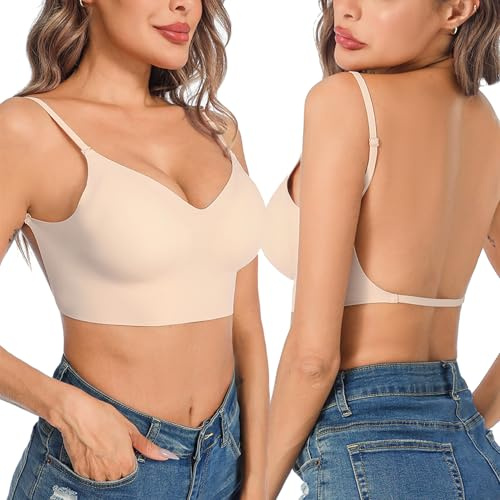 Crewhpo Soutien Gorge Dos Nu Invisible Push Up pour Femme Deep V Sans Armature Brassière Dos Bas en U Transparent Beige-S