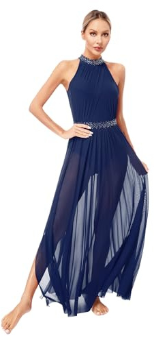 YOOJIA Robe Danse Ballet Femme Brillant Justaucorps Patinage Artistique Strass sans Manche Asymétrique Tutu Latine Jazz Rumba Costume Spectacle Bleu Marine G S