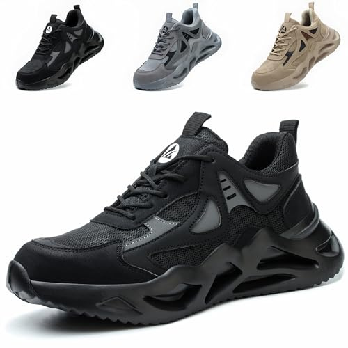 Safety Trainers Men Steel Toe Cap Trainers Womens Safety Shoes Lightweight Breathable Work Trainers Non Slip Industrial Work Boots, Black, UK 8