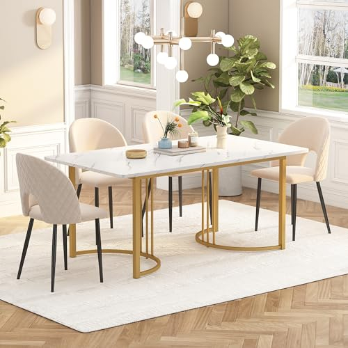 VSOGA Matgrupp, matbord 140 x 80 cm med 4 stolar, modernt köksbord, sammet matstol med diamantmönster, justerbara stolsben, beige sammet, gyllene bordsben