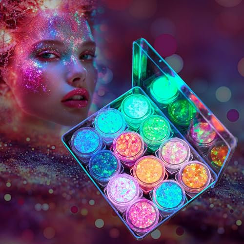 12 Couleurs Paillettes, Lumineuse Paillettes Gel Paillettes Visage Paillettes Maquillage Paillettes Cheveux pour Carnaval, Noël, Maquillage de fête Masquée