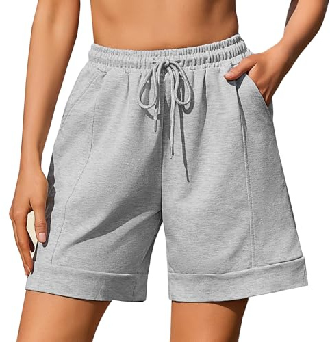 Jezonga Pantalones Cortos Mujer Algodón Short Deportivo Verano con Bolsillos Laterales para Correr y Fitness Ejercicio Yoga Gym Fitness Gris XL