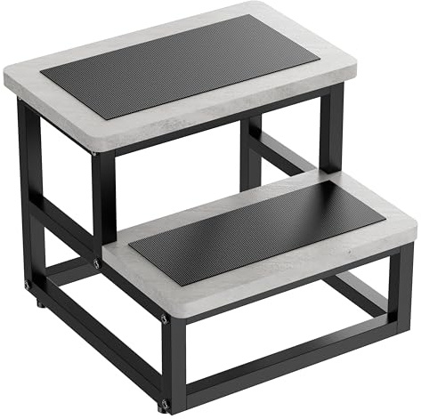 SZLHANJZ Step Stools, Heavy Duty Stepping Stool for Kids Adults, Non-Slip Metal and Wooden 2 Steps Foot Stool for High Beds and Kitchen, Round Corner, 500 Lbs Capacity, Cement Gray