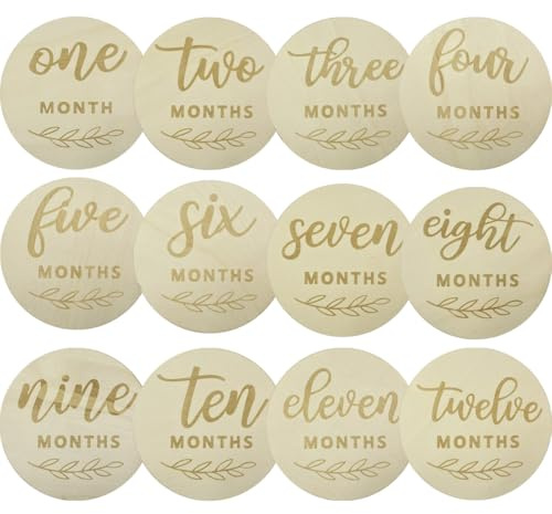 12 Packs Newborn Baby Name Announcement Cards Sign,Baby Monthly Milestone Markers Disc,Wooden Baby Milestone Cards for Baby Growth Cards Photos Gift
