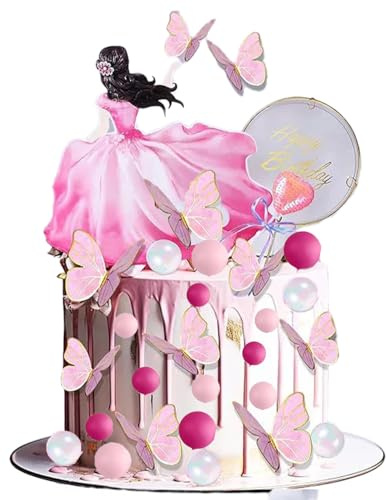 31 piezas mariposa rosa princesa pastel topper, bolas de ilusión DIY feliz cumpleaños tema decoración de fiesta, palo de corazón rosa, acrílico de imitación blanco redondo decoración de pastel