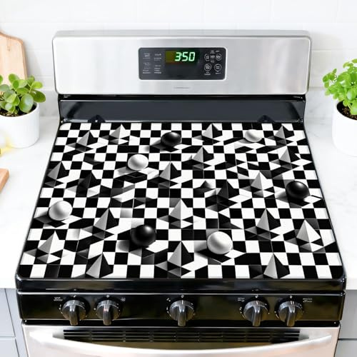 Stove Top Covers for Electric Stove Black white tile Checkered flag seamless Car race motorsport Glass Cooktop Burner Covers Heat Resistant Protector Kitchen Decor Keep Stove Clean 28''x20''