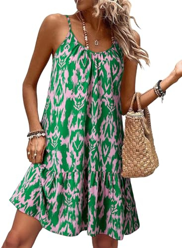 Dokotoo Women's Summer Dresses Fashion Womens Boho Sundresses Sexy Spaghetti Strap Deep V Neck Smocked Ruffle Flowy Sundress Vacation Casual Ladies Mini Dress Green XL