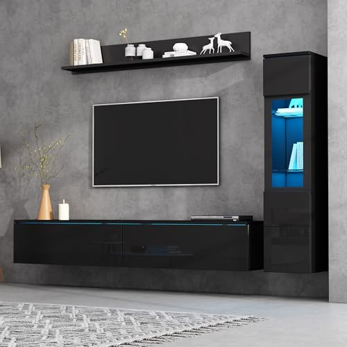KAZZIO Juego de 3 muebles de salón para TV, 1 armario de TV, 1 vitrina para salón, 1 estante colgante (negro)