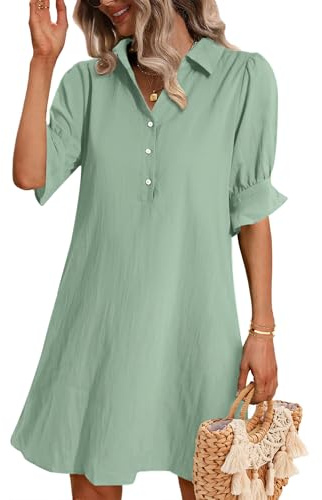 Zeagoo Vestido de Verano para Mujer Cuello V con Manga Volante Dresses For Women Botones Vestidos Camiseros Sueltos Casual Falda de Gasa Color Sólido y Bolsillos S-XXL
