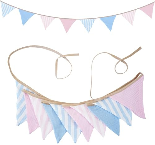 G2PLUS Rosa und Blau Musselin Wimpelkette Kinderzimmer, 2.6m Musselinstoff Girlande Streifen für Kinderbettchen, Kinderzimmer-Wandschmuck, Geburtstagsdekoration