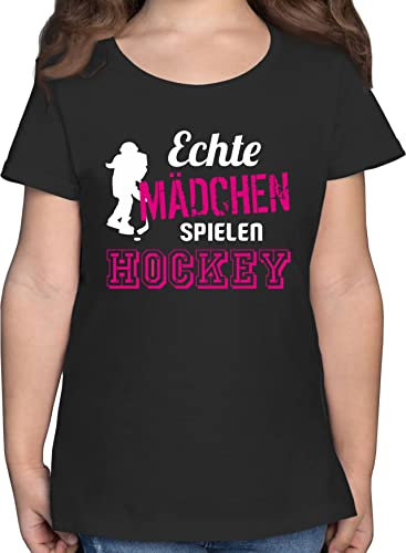 T-Shirt - Kinder Sport Kleidung - Echte Mädchen Spielen Hockey - 128 (7/8 Jahre) - Schwarz - Tshirt echt Sportshirt 25. Geburtstag Eishockey kindershirts Sport-Shirt feldhockey Shirt Outfit Kurzarm