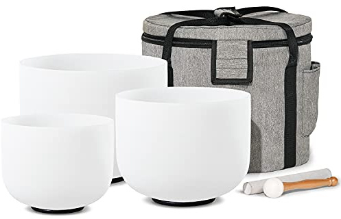 CVNC Set of 3 PCS 440HZ 8 A + 10 F + 12 C Frosted Quartz Crystal Singing Bowls with Travel Carry Case Bag for Sound Healing and Meditation
