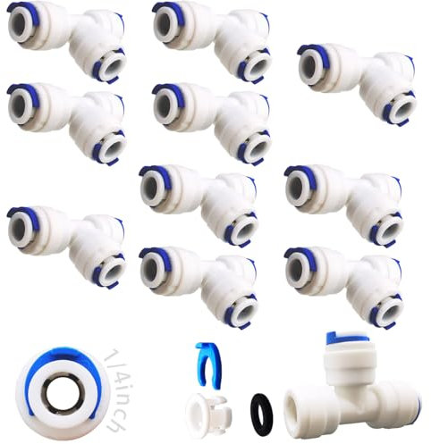 CESFONJER 10 PCS Adapter Fitting Verbindungsstück, RO Wasserfilter Fitting, 6,35mm (1/4) Pushfit gerade Stecker für Wasserrohr, drücken, Kühlschrankschlauch (T-Gelenk)