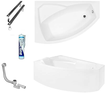 ECOLAM® Badewanne Eckbadewanne Acryl Rima weiß 160x100 cm LINKS + Schürze Ablaufgarnitur Ab- und Überlauf Automatik Füße Silikon Komplett-Set