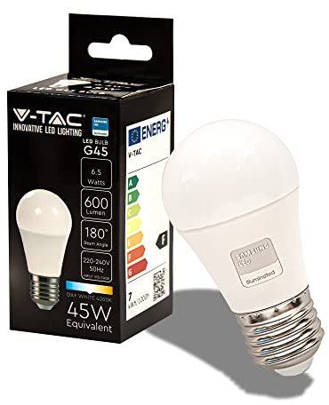 V-TAC Bombilla LED E27 - G45 – 6,5W (Equivalente a 45W) - 600 Lumen - 4000K Blanco Neutro - Apertura del Haz de Luz 180° - Máxima Eficiencia y Bajo Consumo