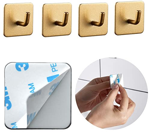 DEKAZIA® 4er-Set Klebehaken Gold – Garderobenhaken, Kleiderhaken, Wandhaken, Handtuchhaken & Türhaken Gold Matt – Selbstklebende Haken & Handtuchhalter ohne Bohren