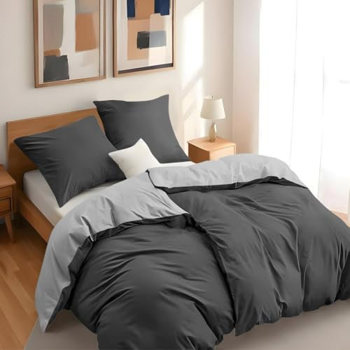 Dreamzie - Bettwäsche Set 135x200 cm mit 2 Kissenbezügen 80x80 cm Dunkelgrau/Hellgrau - 2 Bettbezug 135x200 aus 100% Mikrofaser - Zertifiziert ohne Chemikalien (Oeko TEX)