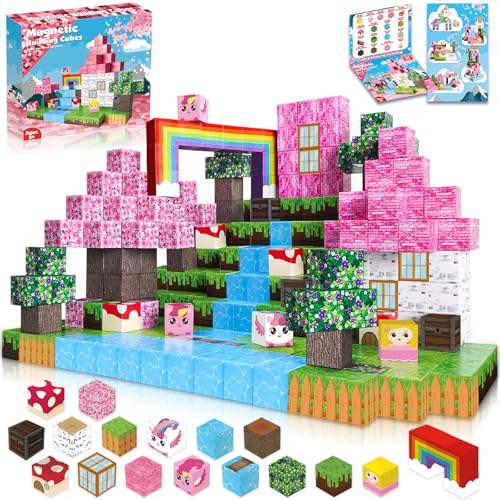 Annexfun Magnetische Bausteine 100 Stück - Baue Dein Magisches Einhorn mit Prinzessin & Schloss! Fantasievolle Magnetische Bauwelt Spielzeug ab 4 Jahren für Mädchen 4-8 Jahre