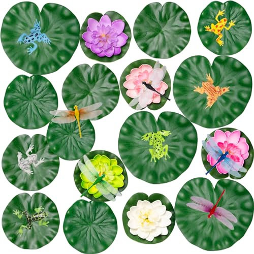 Sxutop 28 Pièces Nenuphar Flottant Artificiel Fleur Nénuphar en Plastique pour Bassin Faux Fleur Lotus de Flottants Nénuphars Artificielles avec Grenouille Libellule pour Décoration Etang de Jardin