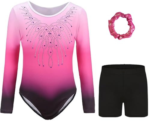 Kiscorpse Dreiteilige Gymnastikanzug Mädchen Turnanzug Leotard Set mit Turnshorts und Haarband, Langarm Ballettröckchen Kleid Trikotanzug Outfit Set (Pink-Langarm, Tag 6A(5-6 Jahre))