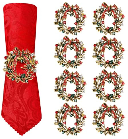 XIMEY Servilleteros Navideños, 8 Piezas Oro Servilleteros de Guirnalda, Hebilla de Servilleta Navideña con Diamantes, Anillos de Servilleta de Metal para Navidad, Boda, Fiesta, Decoración de Mesa