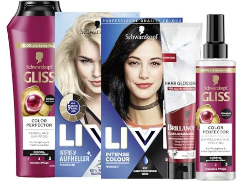 Schwarzkopf LIVE Intense Colour PROFI-SET mit Haarfarbe 99 Deep Black & Aufheller Max Blonde 00B & GLISS Shampoo & Express-Repair-Spülung Colour Perfector & BRILLANCE Haar Glanz Glossing Neutral