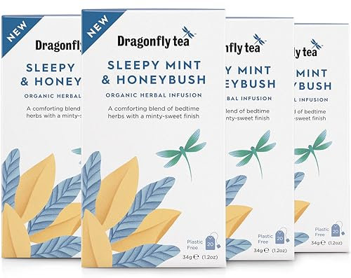 Dragonfly Sleepy Mint and Honeybush Tea - 4 x 20 Organic Tea Bags (80 Count) - Soothing and Calming Sleep Aid, Plastic Free