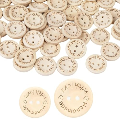 100pcs Buttons for Baby Cardigans, 2 Sizes Wooden Buttons, Handmade Button for Sewing with Love Button for Kids DIY Sewing Craft Decorations(15mm *50 & 20mm*50 Pack)