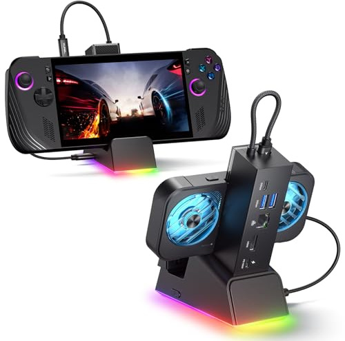 JSAUX Estación de acoplamiento para ROG Ally X/ROG Ally/Steam Deck/Legion Go, base 7 en 1 para ROG Ally X con ventilador de refrigeración RGB, HDMI 4K a 120Hz, Gigabit Ethernet, USB dual y USB C 3.0