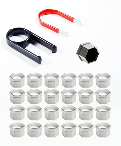 Flaconi 24PCS Boulons Roue Voiture,Cache Ecrou,Universels Capuchons D'écrou de Roue avec 2 Outil Demontage,pour la Plupart des vis de Vélo Hexagone de 17 mm ou des écrous sur Les Véhicules (Argent)