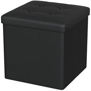 Oak & Tea PU Leather Storage Ottoman, Foldable Bench, Black 30x30x30cm | Cube footrest with hidden storage, foldable space-saving design, ideal for living room and bedroom
