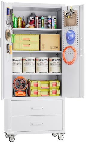 Aobabo Upgraded Metal Garage Storage Cabinet with Wheels and 2 Drawers, Lockable Rolling Tools Cabinet with Pegboards and Hooks,Assembly Required,White