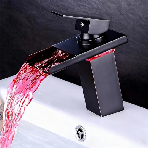 LED Wasserhahn Schwarz Bad, RGB 3 Farbwechsel Wasserfall Wasserhahn, Waschtischarmatur aus Messing, Waschtischarmaturen mit Auslaufhöhe 122 MM High, 2 Schlauches（G3/8）