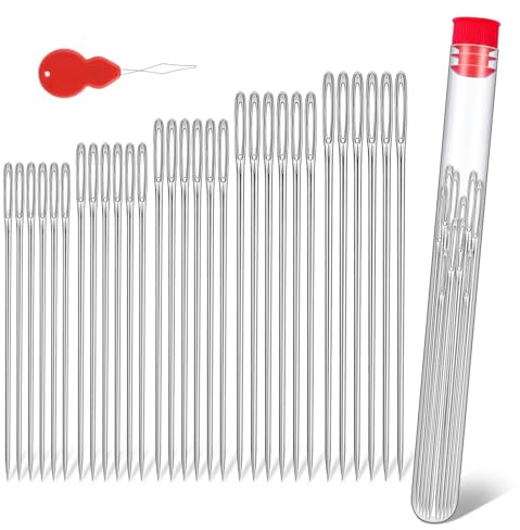 30 Pcs Large Eye Sewing Needles, 5 Size Stainless Steel Sewing Needles, Sharp Point Knitting Quilting Embroidery Needles with Threader for Leather, Jeans Repair, Stitching Craft