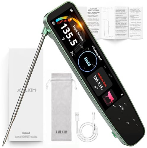 AWLKIM Instant Read Meat Thermometer Digital, 3.8 Touchscreen No App Needed Rechargeable Waterproof Kitchen Food Thermometer Probe for Cooking, Grill, BBQ, Candy, Oil Frying, 0.5F