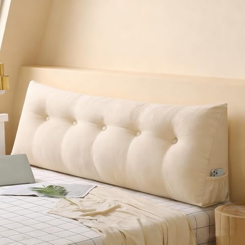 Grande cuscino triangolare a cuneo, per testiera letto, divano, supporto per posizionamento dello schienale lombare, con tasca laterale rimovibile (bianco, 60 x 50 x 20 cm)