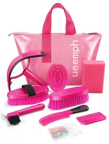 Ueemph Horse Grooming Kit, Pink Storage Bag with 10 Piece Professional Equestrian Care Tools, Brushes, Combs, Scraper and Gloves (Pink)