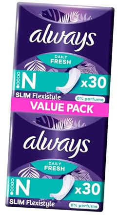 Always Dailies Fresh Slim Flexistyle Unscented Pantyliners - 60 Liners (2 Packs of  30) Ultra‑Thin Breathable Flexible Comfortable Daily Protection Panty Liners Slim Design Fits All Underwear Styles