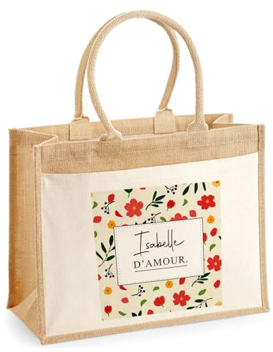 Planetee Sac cabas femme jute grand format Isabelle d'amour motif fleurs sac prénom cadeau anniversaire Noël tote bag