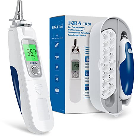 FORA IR20C, Infrarot Ohrthermometer in medizinischer Qualität mit 16 Einmal-Schutzkappen, kleiner Eisenkopf- langlebig, Einfach zu säubern.