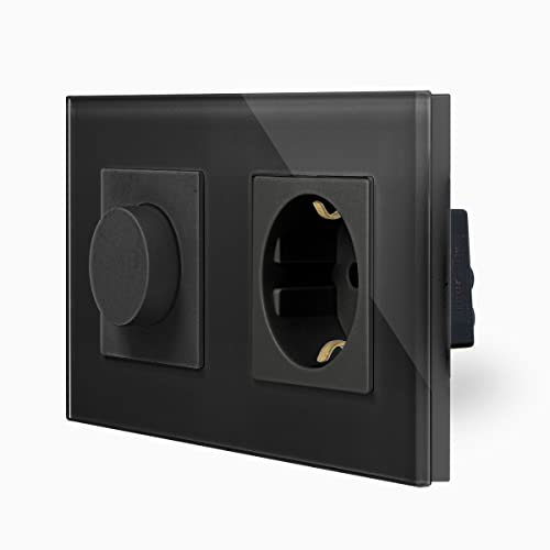 Luxus-Time Schuko Steckdose und Drehdimmer Phasenabschnittsdimmer UP inkl. Glasrahmen Schwarz