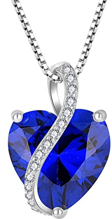 YL Damen Herz Halskette 925 Sterling Silber Anhänger September Geburtsstein Saphir Kette Schmuck Geschenke für Mutter ihre Frau Freundin