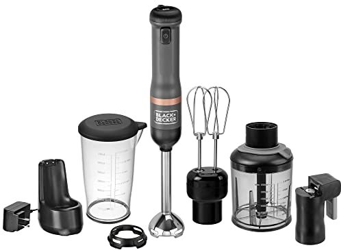 BLACK+DECKER Kitchen Wand Immersion Blender, Cordless, 4 in 1 Set, Includes Charging Dock, Whisk Attachment, Can Opener and Measuring Cup, Grey (BCKM1014K01)