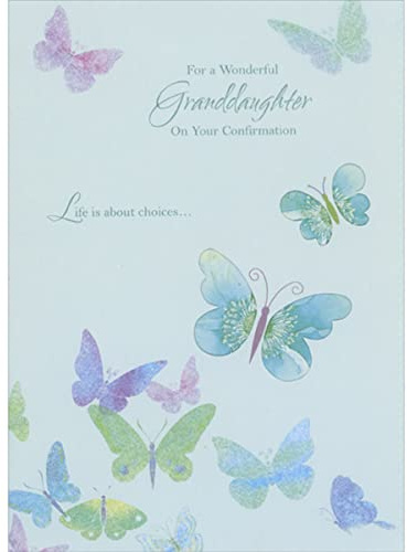 Designer Greetings Life is About Choices: Pastel Butterflies and Die Cut Butterfly Windows on Light Blue Confirmation Congratulations Card for Granddaughter